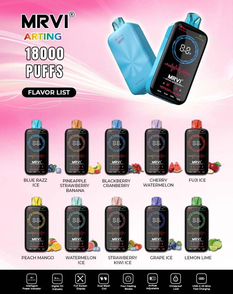 Yuerwei-Mrvi-Arting-18000-Puffs-10-Flavors-600mAh-Rechargeable-Battery-26ml-Capacity-2-3-5-Nic-Full-Screen-Display-Mrvi-Bar-Disposable-Vape-Elf-Bar-18K Yuerwei-Mrvi-Arting-18000-Puffs-10-Flavors-600mAh-Rechargeable-Battery-26ml-Capacity-2-3-5-Nic-Full-Screen-Display-Mrvi-Bar-Disposable-Vape-Elf-Bar-18K